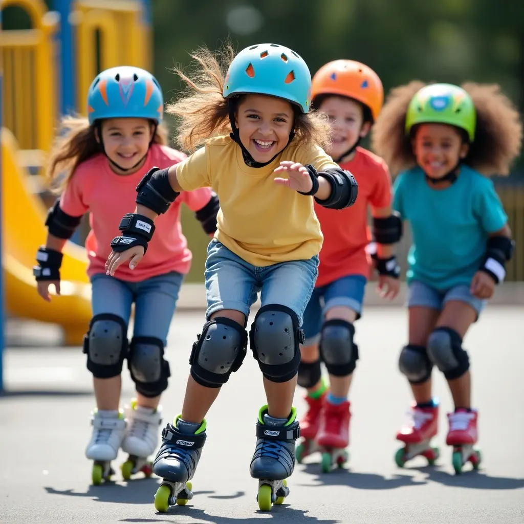 Children learning to rollerblade in school